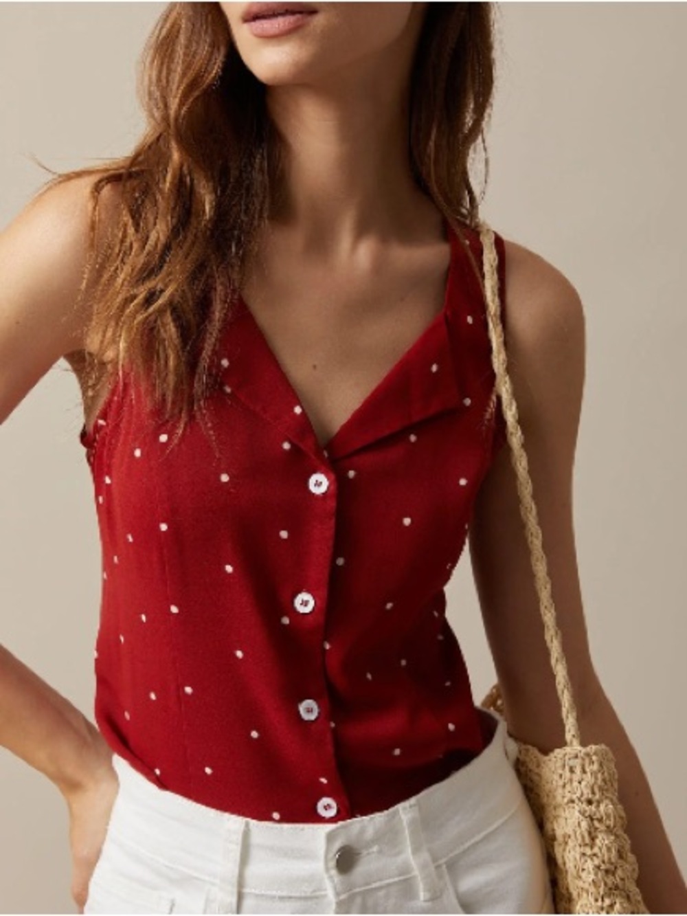The Red V Neck Polka Dot Print Sleeveless Vest